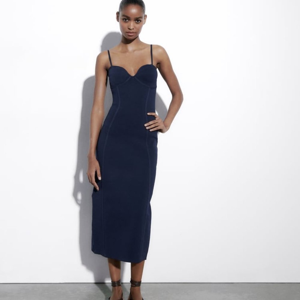NWT ZARA FITTED KNIT DRESS  NAVY BLUE - REF 2142/062 M